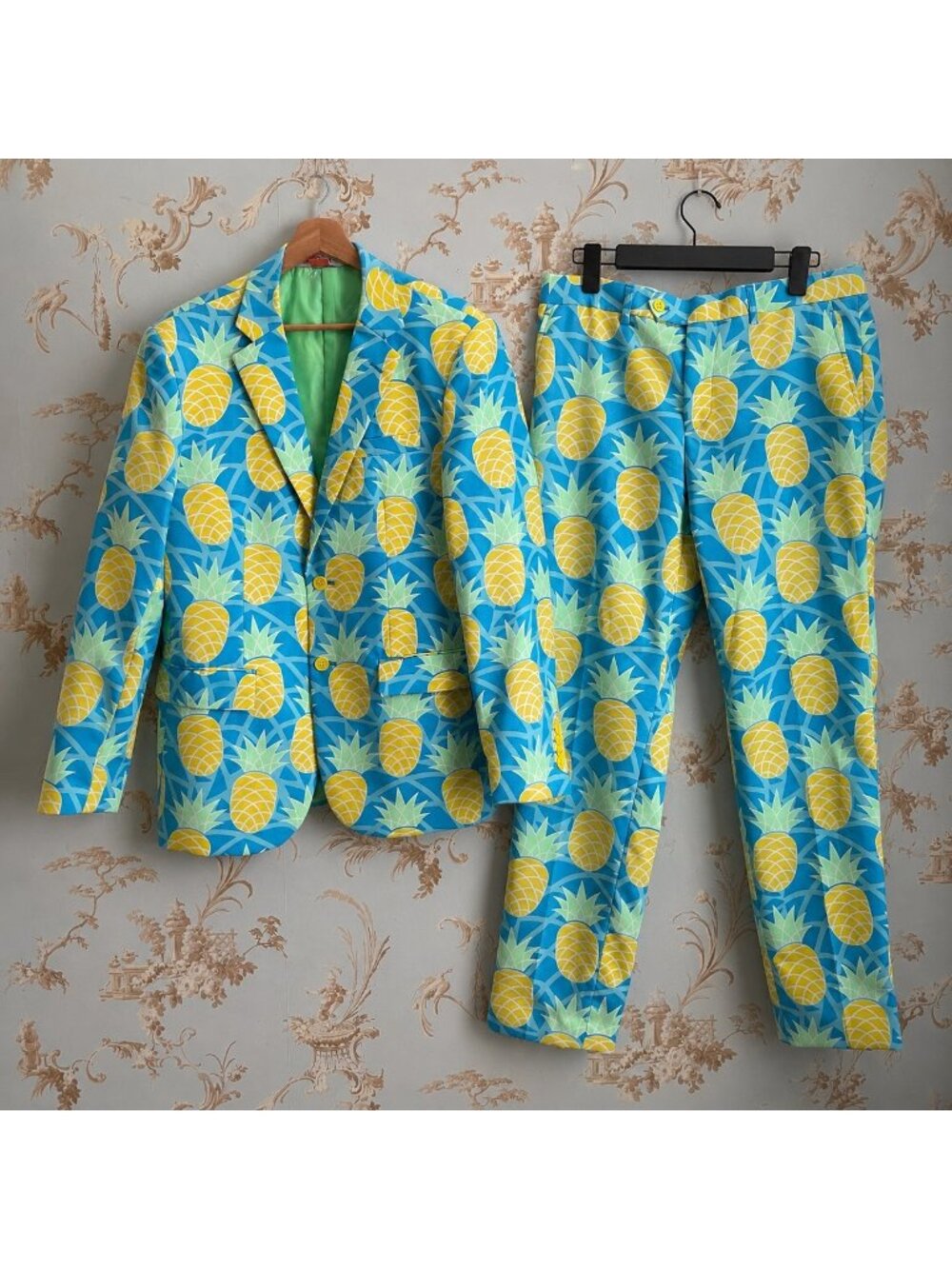 OppoSuits Mens Pineapple Print Suit Size 38 Shineapple Blue Novelty Tropical Set